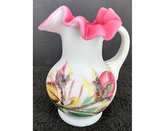 Fenton Made for L.E. Wright Peach Blow Floral Pattern Pitcher  / Vase - 5.5"