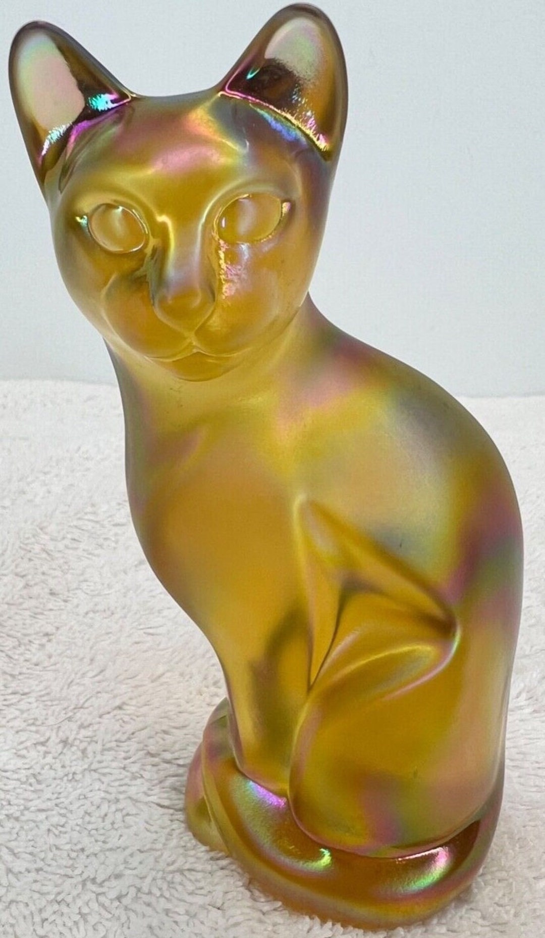 Fenton Gold Iridescent Carnival Glass Cat Figurine Sitting up 5 Etsy