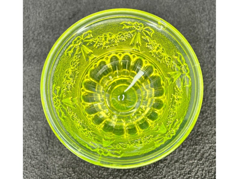 Vaseline Glass Pedestal Compote With Pressed Glass Roses and Ribbon