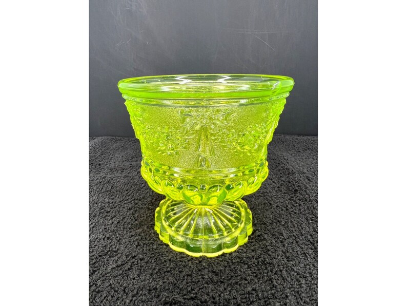 Vaseline Glass Pedestal Compote With Pressed Glass Roses and Ribbon