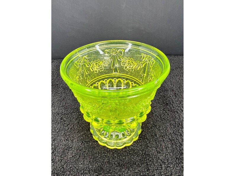 Vaseline Glass Pedestal Compote With Pressed Glass Roses and Ribbon