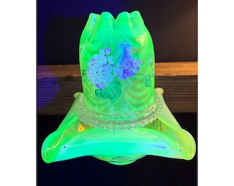 Fenton Fairy Lamp Topaz Vaseline Opalescent Hydrangea 3 Piece Limited Edition