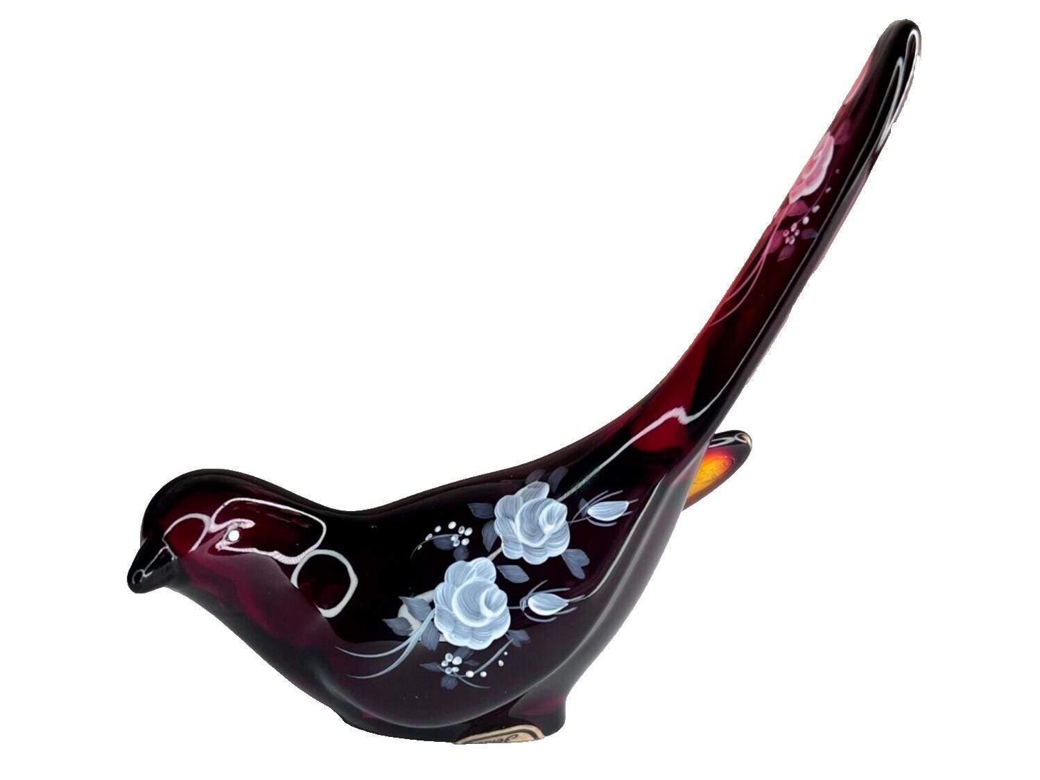 Fenton Ruby Red Happiness Bird HP Floral White Roses