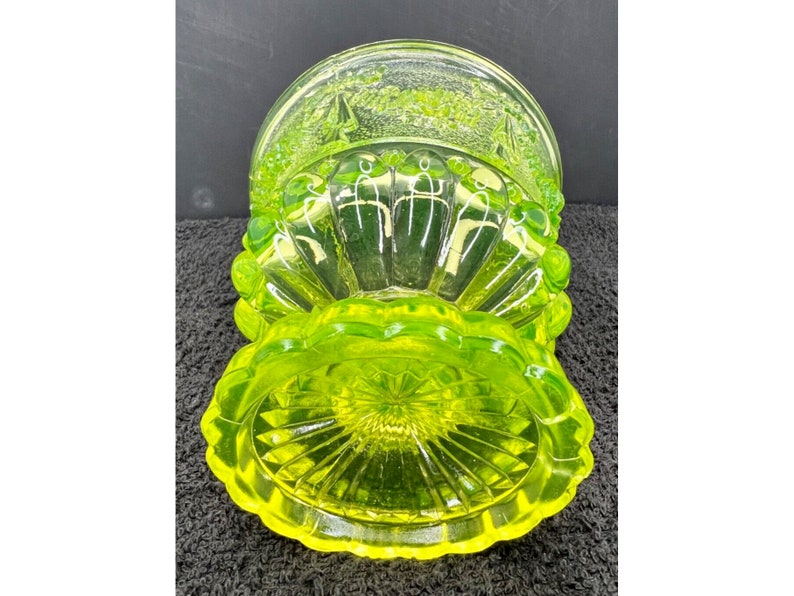 Vaseline Glass Pedestal Compote With Pressed Glass Roses and Ribbon