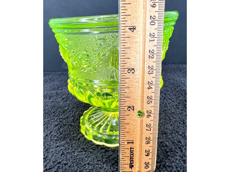 Vaseline Glass Pedestal Compote With Pressed Glass Roses and Ribbon