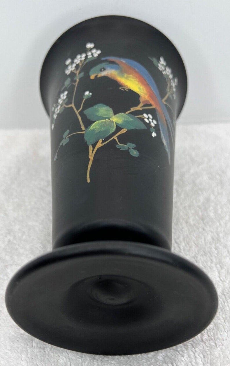 Tiffin Satin Black Trumpet Vase Hand Painted Parrot Bird Etsy