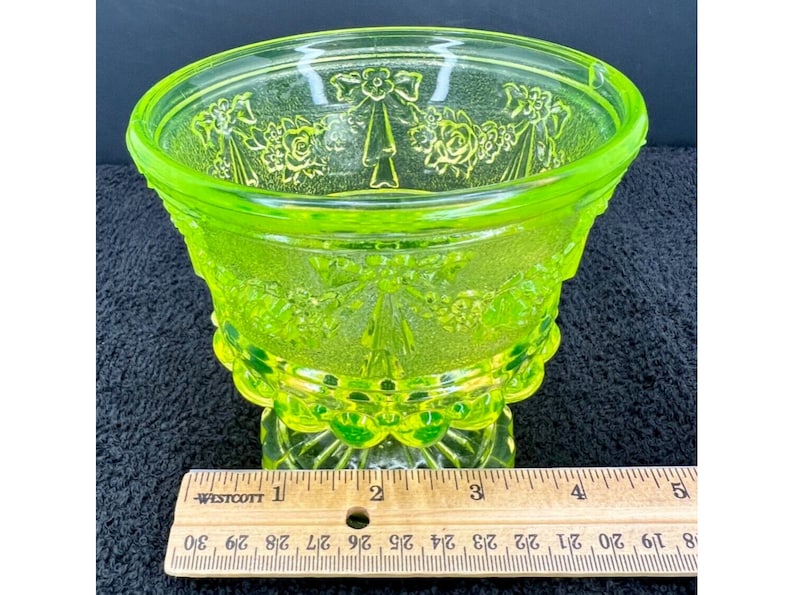 Vaseline Glass Pedestal Compote With Pressed Glass Roses and Ribbon