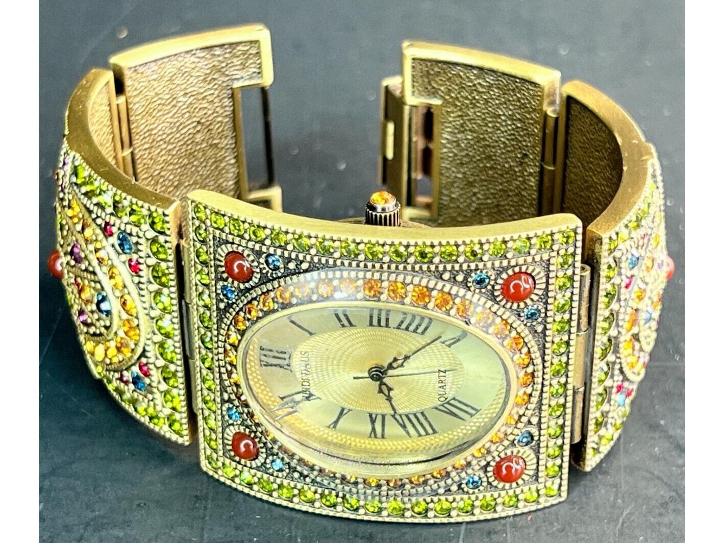 Heidi Daus art deco style Swarovski crystals velvet band watch EUC Heidi Daus Watch Art Deco Wide Bracelet Swarovski Crystal  main image 3