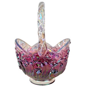 Fenton Plum Opalescent Lily of the Valley Basket Vase  Etched Signature B Fenton