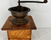 Antique American Coffee Grinder Wood Box with Cast Iron Grinder