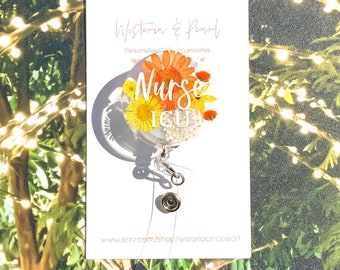 Personalized Badge Reel, Pressed Flowers Badge Reel, Custom Name Badge Reel, Resin ID Holder for Nurse and Teacher, Gift Under 20 Dollars