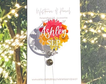 Personalized Badge Reel, Pressed Flowers Badge Reel, Custom Name Badge Reel, Resin ID Holder for Nurse and Teacher, Gift Under 20 Dollars