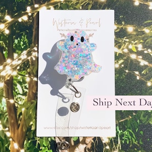 Halloween Badge Reel, Cute Ghost Retractable Badge Reel, Glitter Ghost Badge Reel, White Glitter Nurse ID Holder, Halloween Nurse Gift