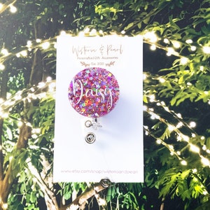 Personalized Glitter Badge Reel, Bling Hospitality ID Holder, Personalized Gift for Nurse, Valentines Day Gift under 20 Dollars.