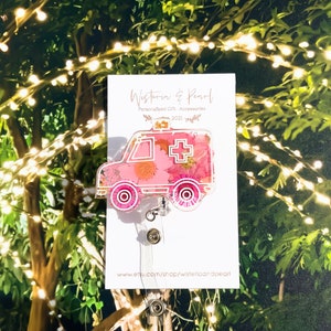 Floral Resin Ambulance Badge Reel, EMT Pink Flower Badge Reel, Paramedic badge reel, Emergency Vehicle Badge Reel, Gift Under 20 Dollars