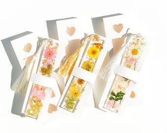 Dried Flower Resin Bookmarks, Pressed Flower Resin Bookmarks with Gold Flakes, Bookmark with Tassel, Christmas Stockings Stuffers