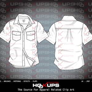 Camisa masculina de manga curta com dois bolsos - Jugo reto - Esboço vetorial plano de moda - Esboço técnico de moda DOWNLOAD INSTANTÂNEO
