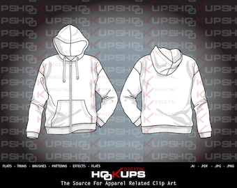 Langarm Beutel Tasche Reißverschluss Vorne Hoodie - Kordelkordel - Mode Flach Vektor Skizze - Technische Mode Skizze INSTANT DOWNLOAD