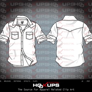 Men’s Long Sleeve Western Woven Shirt - Rolled Sleeves -Fashion Flat Vector Sketch - Technical Fashion Sketch INSTANT DOWNLOAD