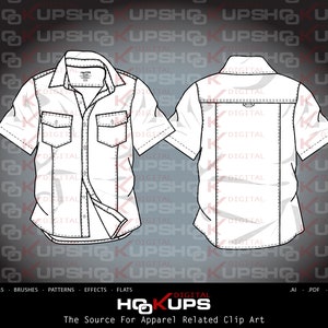 Camisa masculina de manga curta ocidental com dois bolsos - Costuras - Esboço vetorial plano de moda - Esboço técnico de moda DOWNLOAD INSTANTÂNEO