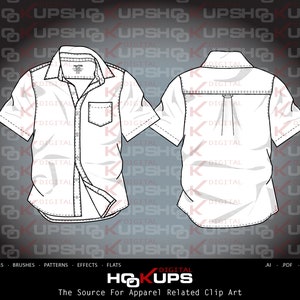 Men’s Short Sleeve One Pocket Woven Shirt - Pleat Back - Fashion Flat Vector Sketch - Technical Fashion Sketch INSTANT DOWNLOAD