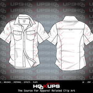 Camisa masculina de manga curta ocidental com dois bolsos - Costuras curvas - Esboço vetorial plano de moda - Esboço técnico de moda DOWNLOAD INSTANTÂNEO