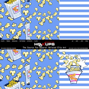 Puede incluir: Un patrón sin costuras que presenta un fondo azul con granos de palomitas de maíz amarillos y una caja de palomitas de maíz a rayas blancas y azules. El patrón se repite en el lado izquierdo de la imagen. El lado derecho de la imagen presenta un fondo a rayas blancas y azules.