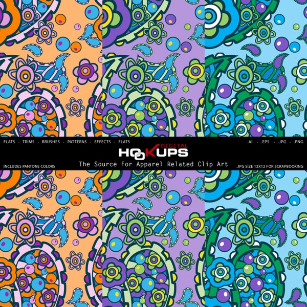 Seamless Bebop Paisley Muster, Textil, Tapeten, Wrapping oder Scrapbooking Papier, Vektor Repeat, PNG, mit Pantone® Farben. SOFORTIGER DOWNLOAD