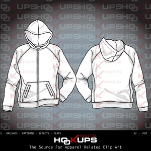 May include: A white hooded sweatshirt with a zipper closure and a kangaroo pocket. The sweatshirt is shown from the front and back.
