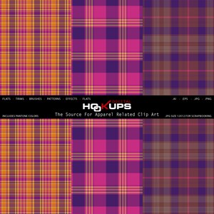 May include: Three seamless plaid patterns in orange, pink, and purple. The patterns are made up of thin and thick lines, creating a checkered effect. The patterns are perfect for scrapbooking or other craft projects.