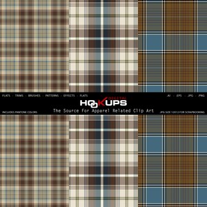 May include: Three digital paper patterns featuring plaid designs in brown, beige, blue, and green. The patterns are seamless and can be used for scrapbooking, crafting, and other creative projects.