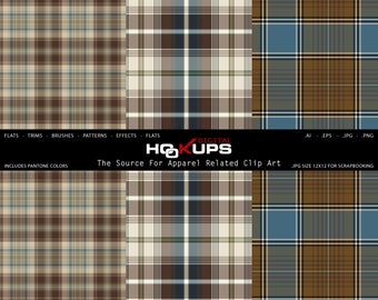 May include: Three digital paper patterns featuring plaid designs in brown, beige, blue, and green. The patterns are seamless and can be used for scrapbooking, crafting, and other creative projects.