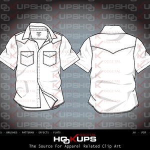 Camisa masculina de manga curta ocidental com dois bolsos - caneleiras pontiagudas - desenho vetorial plano de moda - desenho técnico de moda DOWNLOAD INSTANTÂNEO