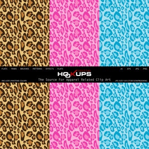 May include: Three seamless digital paper patterns featuring a leopard print design in brown and tan, pink, and blue.