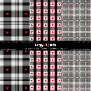 May include: Three digital paper patterns featuring black and white plaid with red hearts. The patterns are seamless and can be used for scrapbooking, crafting, and other creative projects.