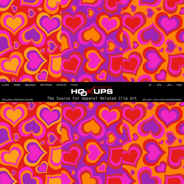 Seamless Valentine Pop Art Heart Print Pattern, textile, wrapping/ scrapbooking paper, vector repeat, PNG,w/Pantone®Colors. INSTANT DOWNLOAD
