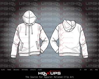 Long Sleeve Welt Pocket Zip Front Hoodie - Drawcord - Fashion Flat Vector Sketch - Technische Mode Skizze INSTANT DOWNLOAD