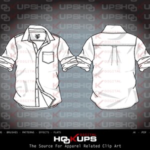 Men’s Long Sleeve Woven Shirt - Rolled Sleeves -Fashion Flat Vector Sketch - Technical Fashion Sketch INSTANT DOWNLOAD