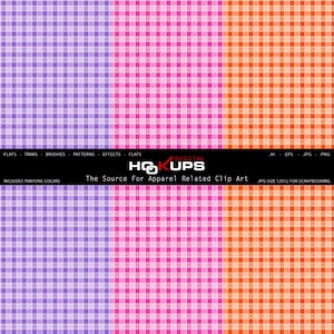 May include: Three digital paper patterns with a gingham check design. The patterns are purple and white, pink and white, and orange and white.