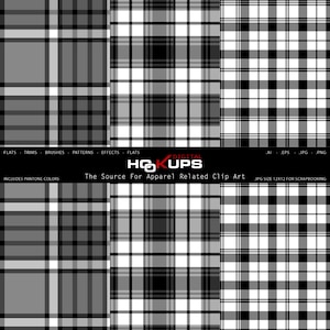 May include: Three seamless plaid patterns in black, white, and grey. The patterns are perfect for scrapbooking, digital design, and other creative projects.