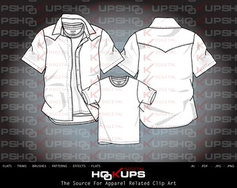Men’s Short Sleeve Western TwoFer Woven Shirt with T-shirt - Fashion Flat Vector Sketch - Technical Fashion Sketch INSTANT DOWNLOAD