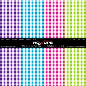May include: Four digital paper patterns with a gingham check design. The patterns are purple and white, blue and white, pink and white, and green and white.