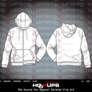 Long Sleeve Pouch Pocket Stylized Zip Front Hoodie - Drawcord - Fashion Flat Vector Sketch - Technical Fashion Sketch INSTANT DOWNLOAD