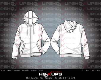 Langarmtasche Hoodie Stilisiert Reißverschluss Front Hoodie - Drawcord - Fashion Flat Vector Sketch - Technische Mode Skizze INSTANT DOWNLOAD