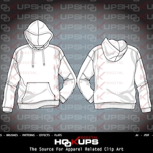 Sudadera con capucha de bolsillo de manga larga - Manga despiezada y entubada - Fashion Flat Vector Sketch - Technical Fashion Sketch DESCARGA INSTANTÁNEA