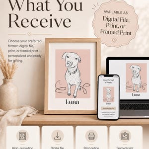 Puede incluir: Un servicio de retrato de mascota personalizado que presenta un dibujo de l&iacute;nea enmarcado de un perro llamado Luna sobre un fondo rosa. La imagen muestra un archivo digital, una impresi&oacute;n f&iacute;sica y una impresi&oacute;n enmarcada, con texto que indica opciones para archivos digitales, impresiones o impresiones enmarcadas.