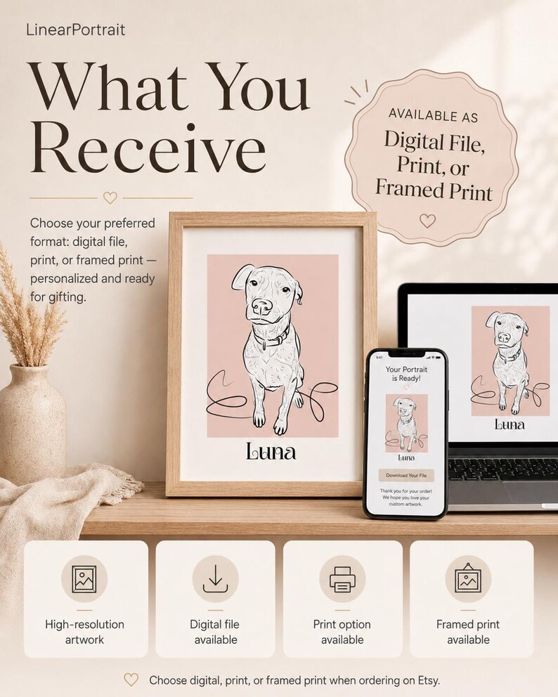 Puede incluir: Un servicio de retrato de mascota personalizado que presenta un dibujo de l&iacute;nea enmarcado de un perro llamado Luna sobre un fondo rosa. La imagen muestra un archivo digital, una impresi&oacute;n f&iacute;sica y una impresi&oacute;n enmarcada, con texto que indica opciones para archivos digitales, impresiones o impresiones enmarcadas.