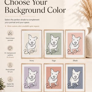 Puede incluir: Una muestra de impresi&oacute;n digital con seis retratos enmarcados de un perro en estilo de dibujo de l&iacute;nea continua. Los colores de fondo incluyen marfil, salvia, rubor, lavanda, terracota y pizarra. El texto incluye LinearPortrait.