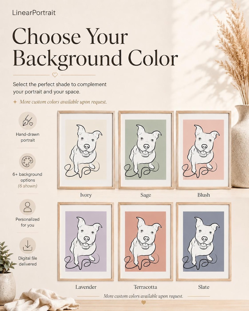 Puede incluir: Una muestra de impresi&oacute;n digital con seis retratos enmarcados de un perro en estilo de dibujo de l&iacute;nea continua. Los colores de fondo incluyen marfil, salvia, rubor, lavanda, terracota y pizarra. El texto incluye LinearPortrait.