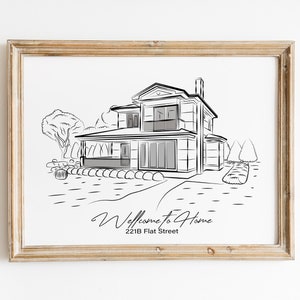 Dibujo lineal de casa nueva: Retratos personalizados, tarjetas para casa nueva y regalos para celebrar tus momentos especiales. ¡Descubre diseños únicos ahora!